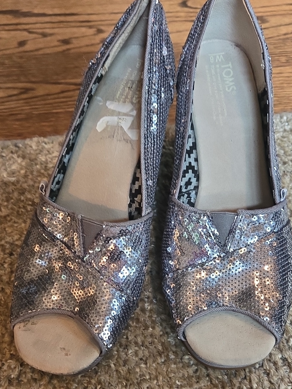 Toms Women’s Sequined Peep-Toe Slip-Ons in Metallic Gray